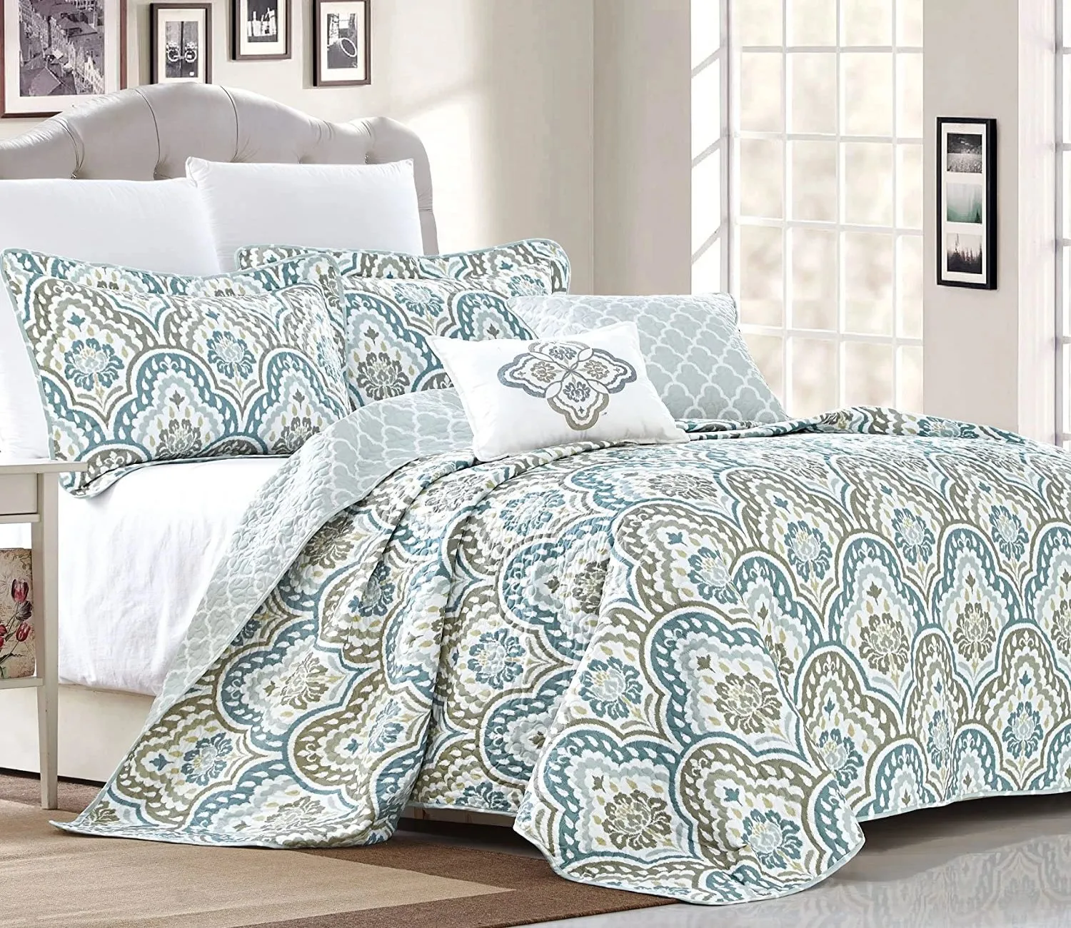 5 Piece Teal Aqua Printed Bed Cover Quilt Blanket Cotton Polyester Filled Embroidery Pillow Set