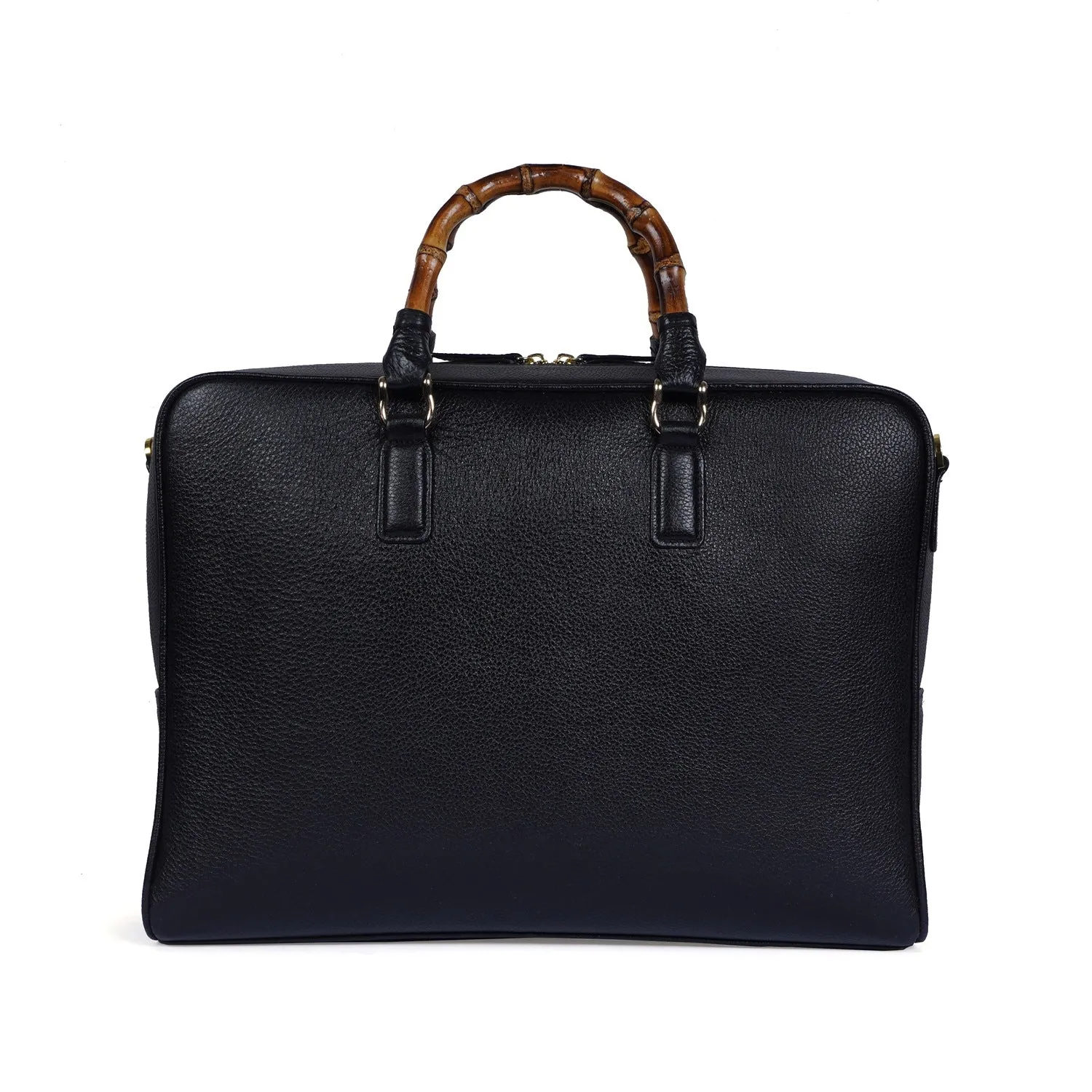 Bamboo Handle Black Laptop/Office Briefcase in Textured Leather