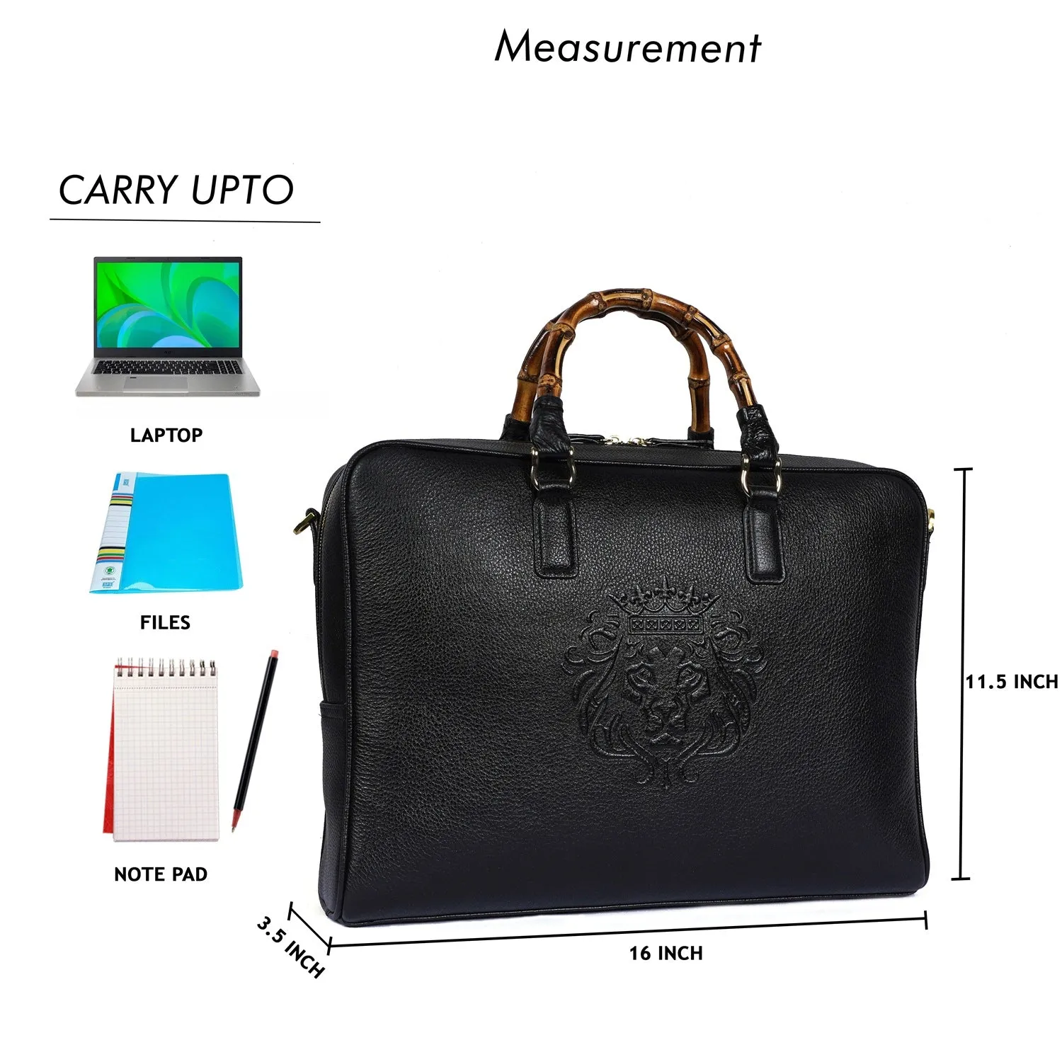 Bamboo Handle Black Laptop/Office Briefcase in Textured Leather