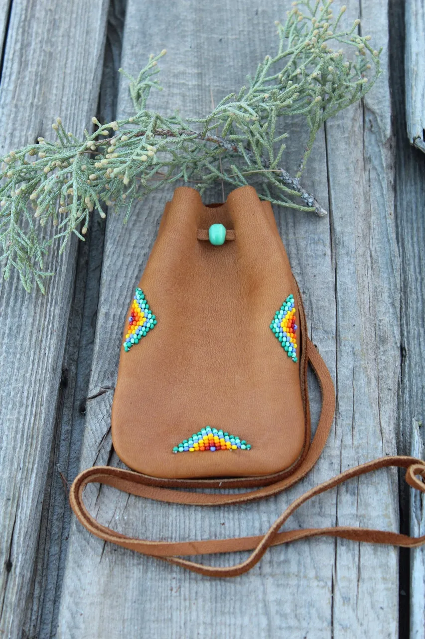 Beaded buckskin medicine bag, leather pouch