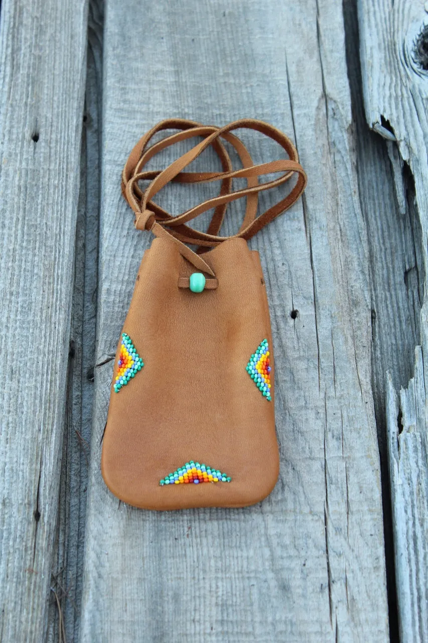 Beaded buckskin medicine bag, leather pouch