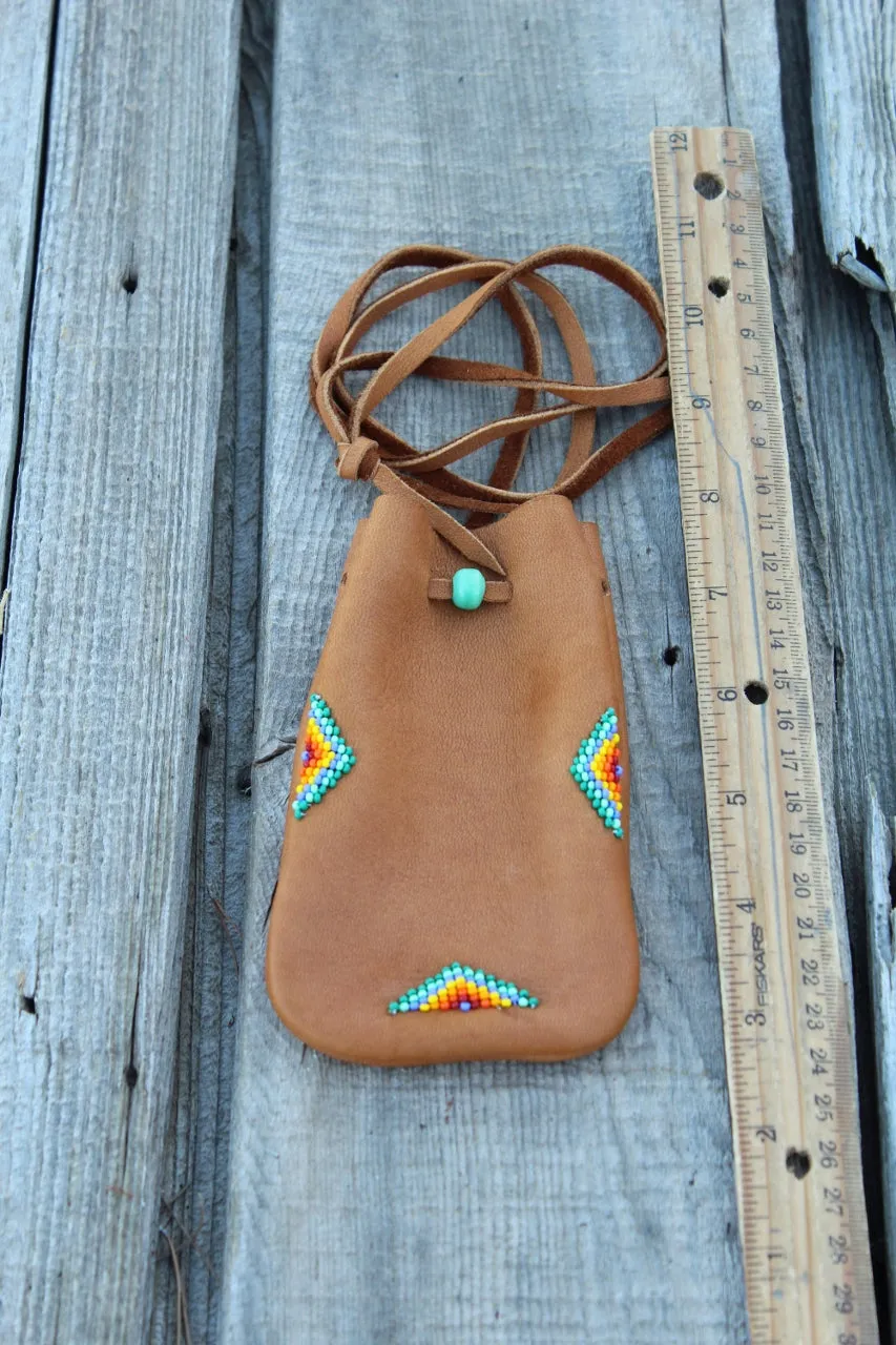 Beaded buckskin medicine bag, leather pouch