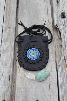 black beaded medicine bag, leather pouch