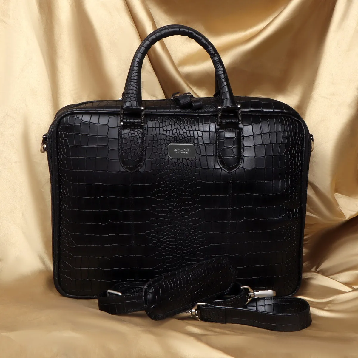 Black Deep Cut Textured Leather Laptop/Office Bag with Silver Accessories By Brune & Bareskin