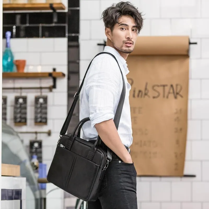 Black Leather Mens 12 inches Briefcase Work Bag Black Laptop Handbag Business Briefcase Shoulder Handbag for Men