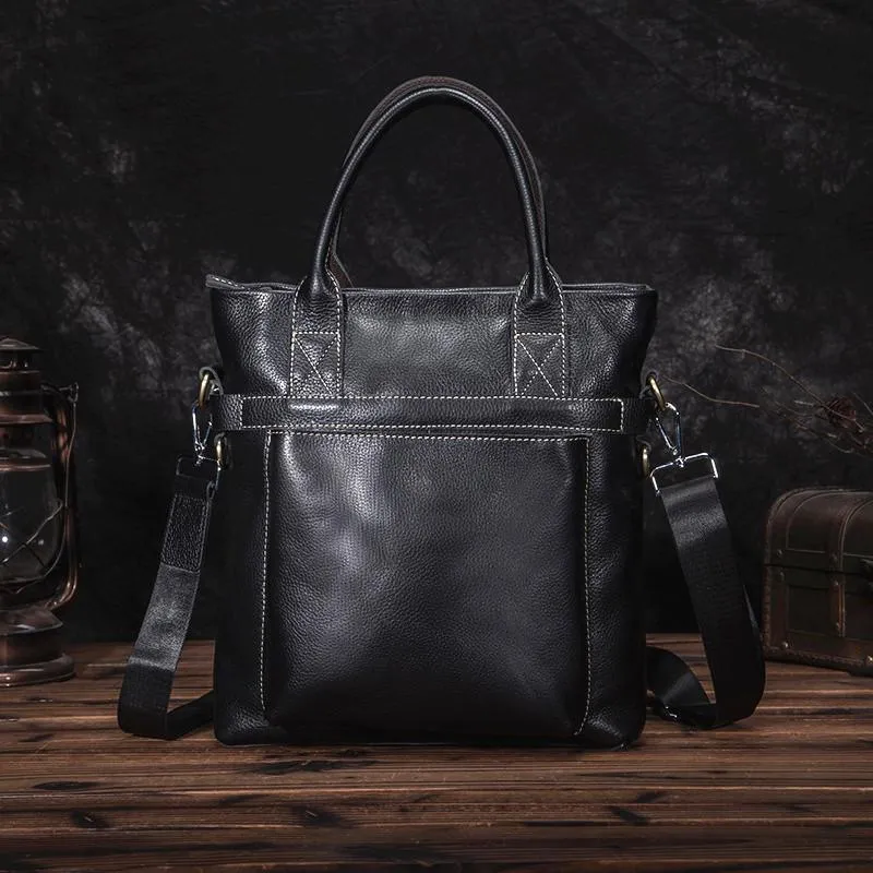 Black Leather Mens Vertical Work Bag Handbag Vertical Black Small Briefcase Shoulder Bag For Men