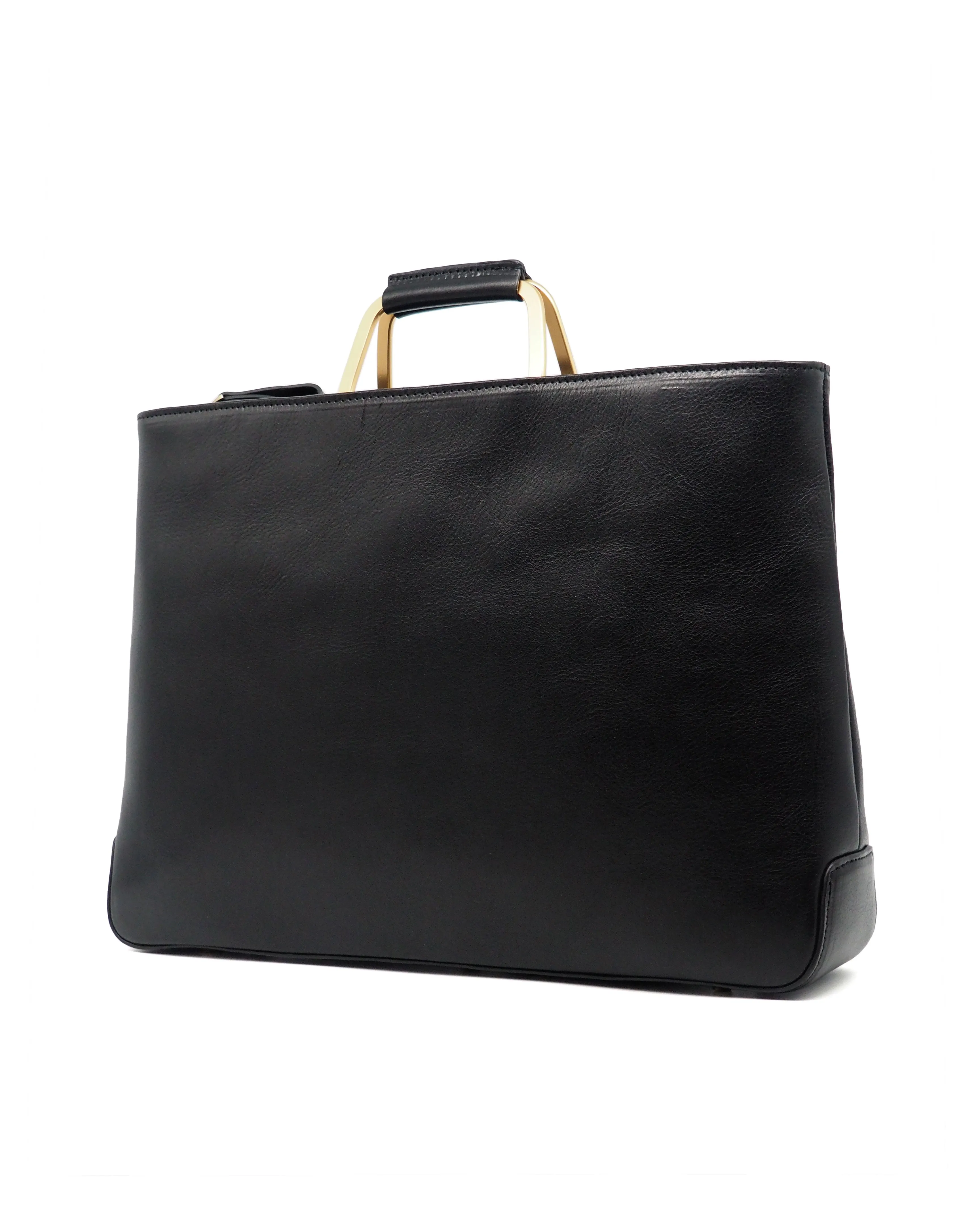 Brass Handle Svezia Tumbled Leather Briefcase (Nero)