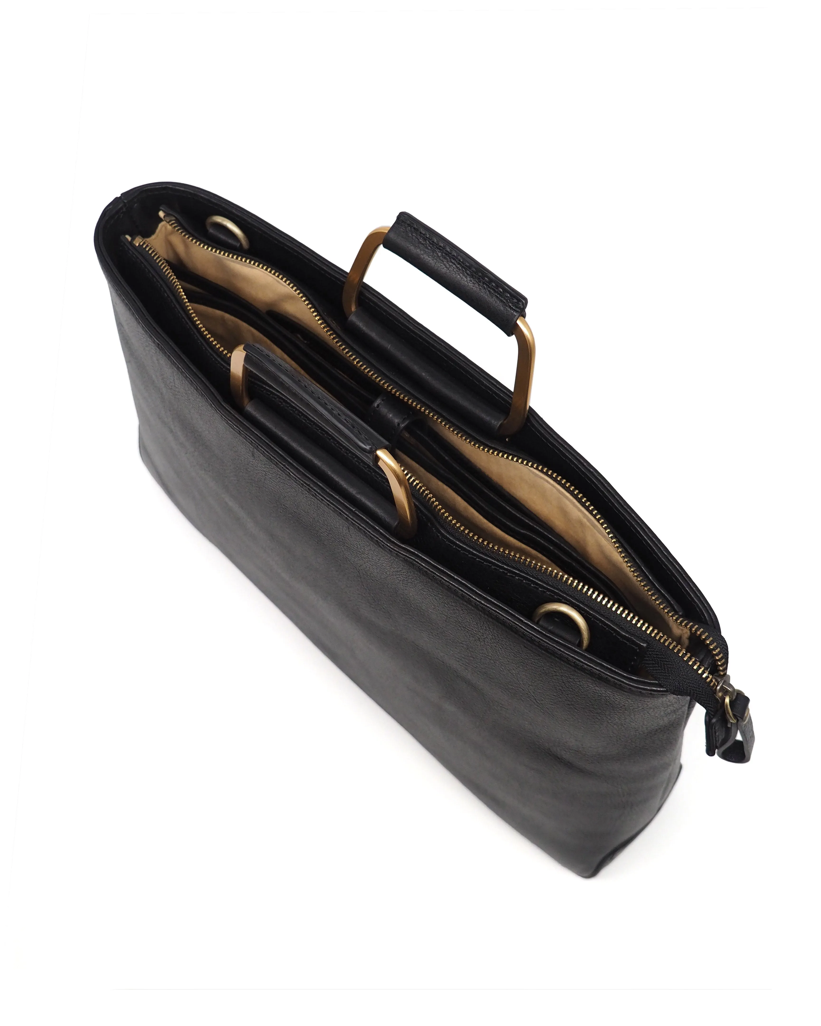 Brass Handle Svezia Tumbled Leather Briefcase (Nero)