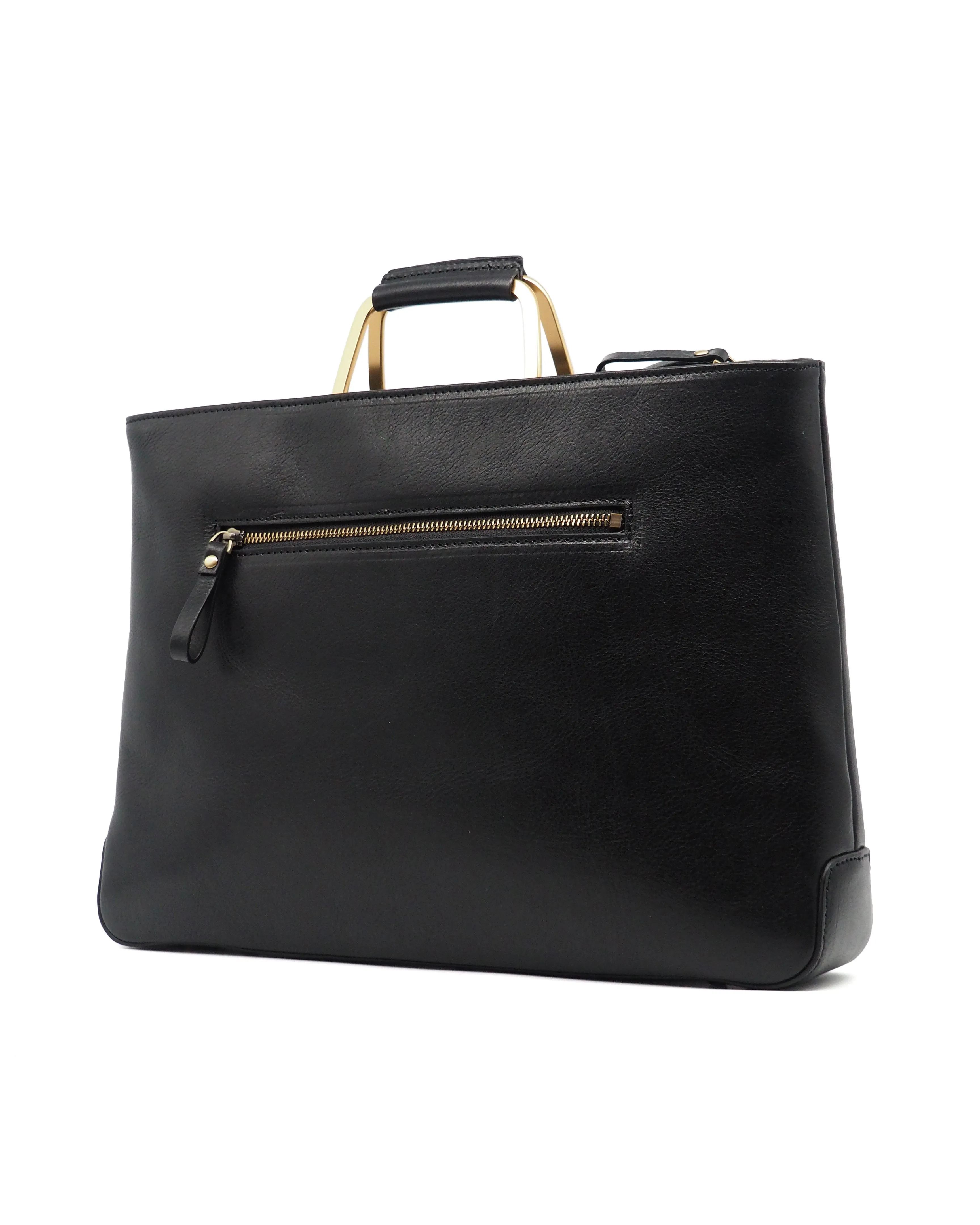 Brass Handle Svezia Tumbled Leather Briefcase (Nero)