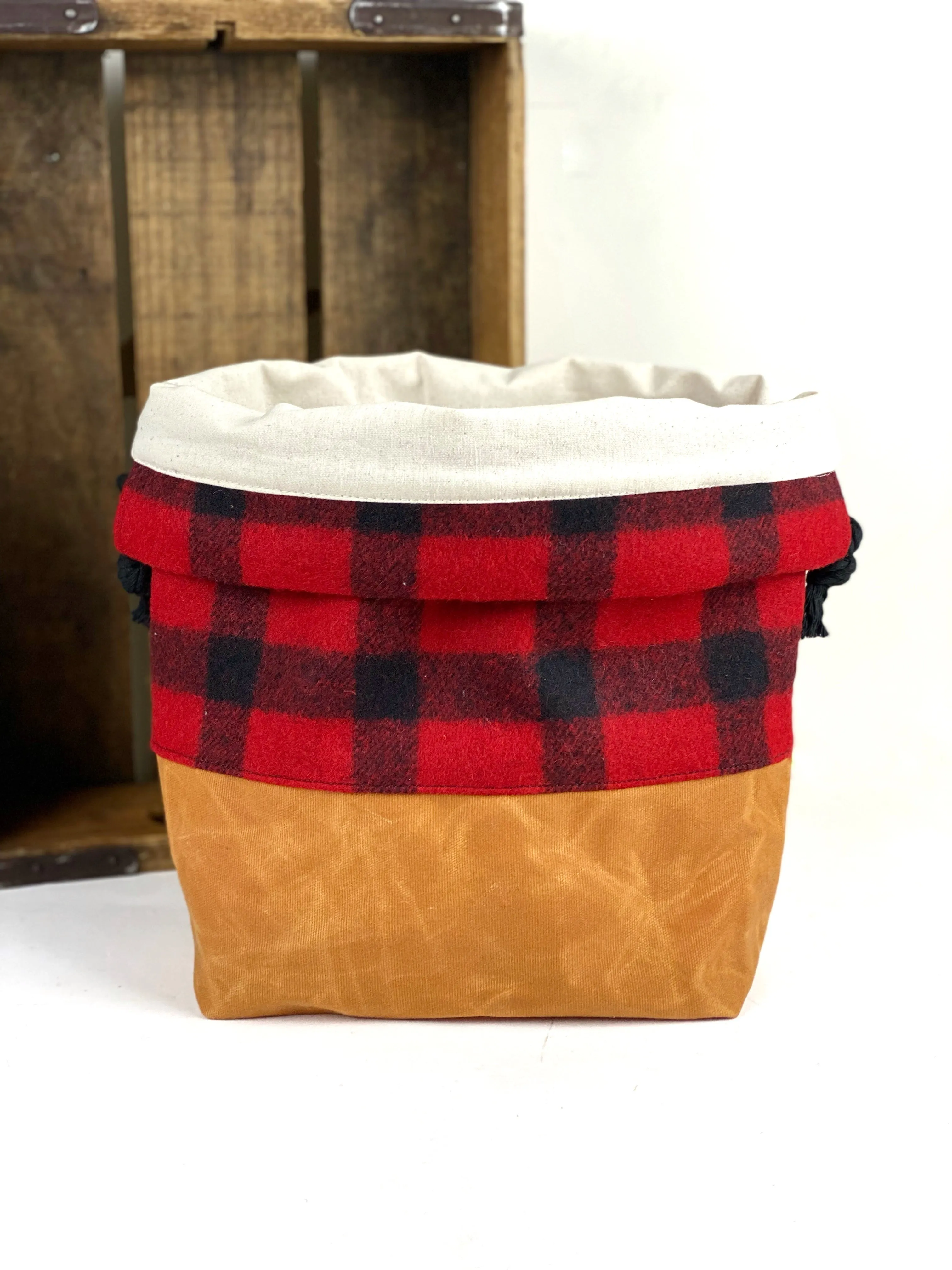 Buffalo Plaid Pendleton Wool & Whiskey Waxed Canvas Project Bag, Knitting Bag, Crochet Bag, Drawstring Bag