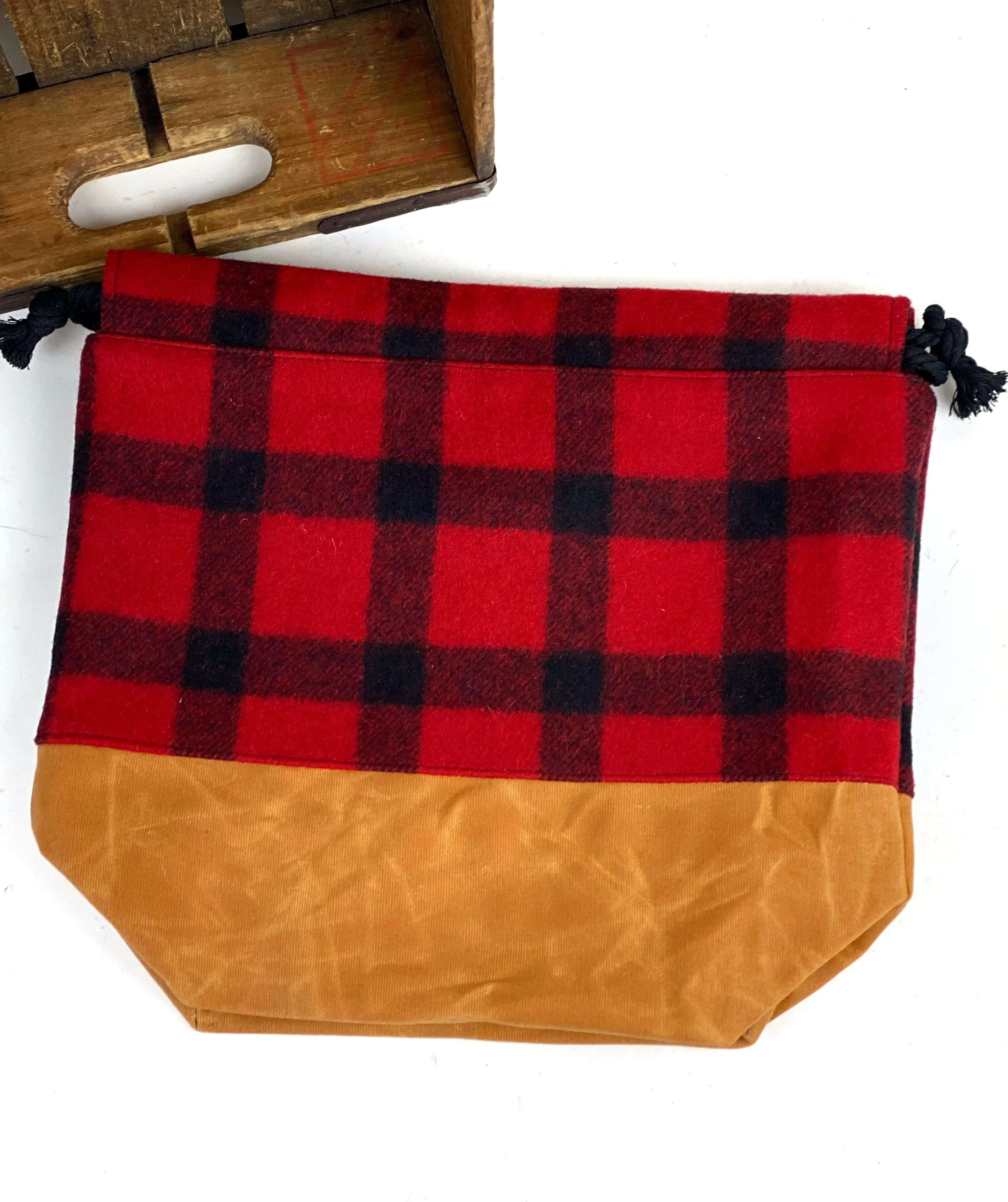 Buffalo Plaid Pendleton Wool & Whiskey Waxed Canvas Project Bag, Knitting Bag, Crochet Bag, Drawstring Bag