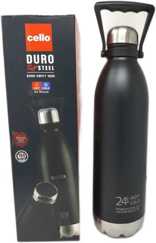 Cello Duro Tuff Steel Series- Swift Double Walled Stainless Steel Water Bottle with Durable DTP Coating and Thermal Jacket, 1800ml, Black