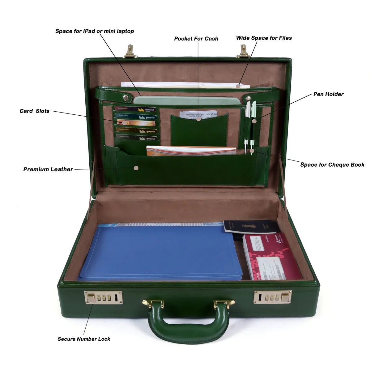 Customized Office Briefcase in Green Diamond Stitched Pattern