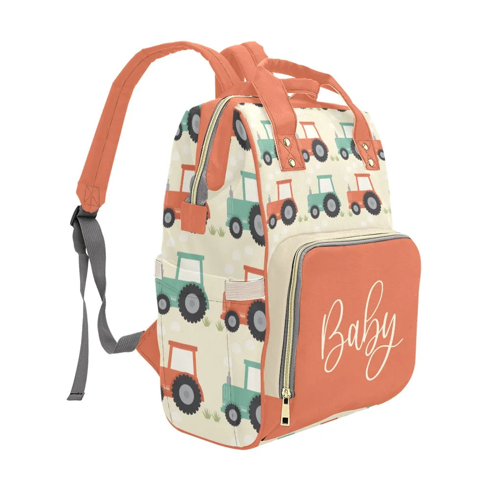 Designer Baby Bag Backpack - Tractors And Farm In Orange Tones Multi-Function Backpack