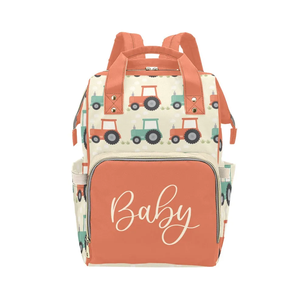 Designer Baby Bag Backpack - Tractors And Farm In Orange Tones Multi-Function Backpack