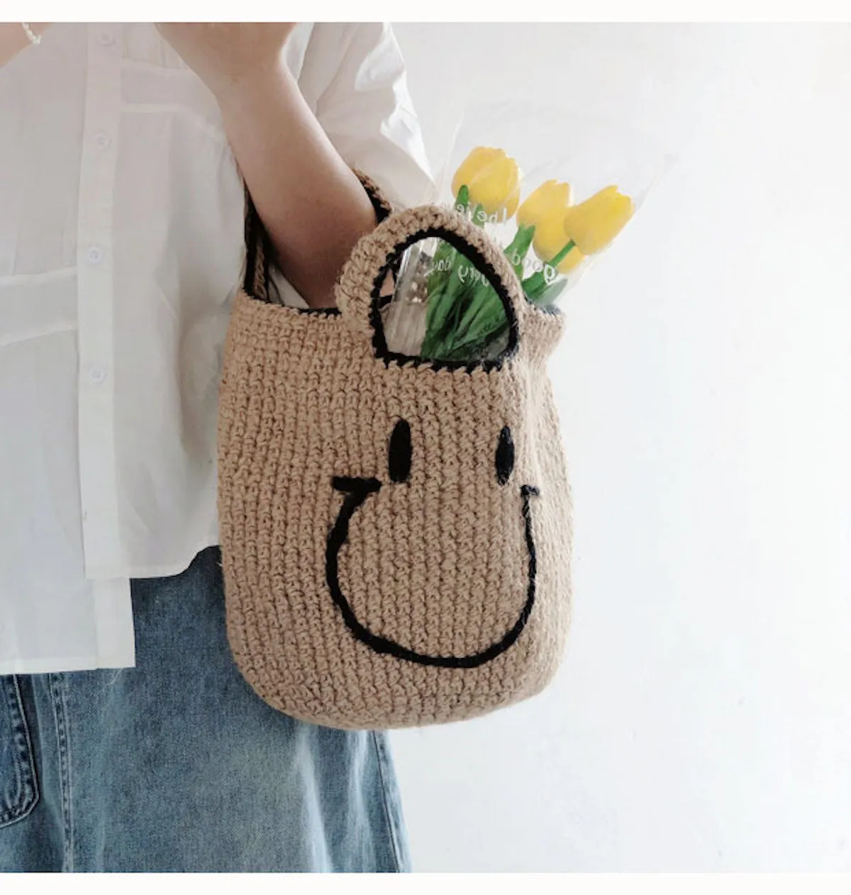 Elena Handbags Twine Woven Smiley Face Bag