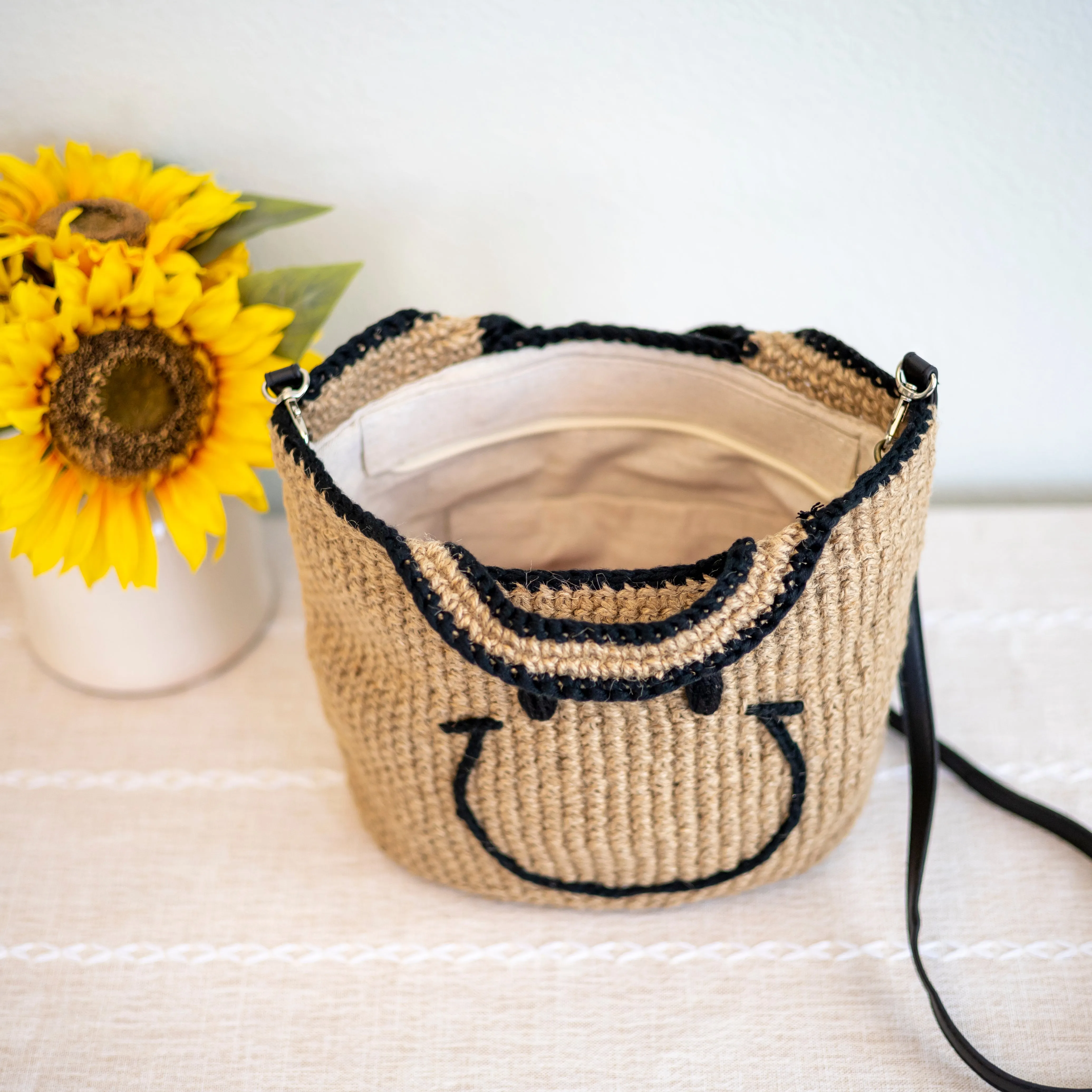 Elena Handbags Twine Woven Smiley Face Bag