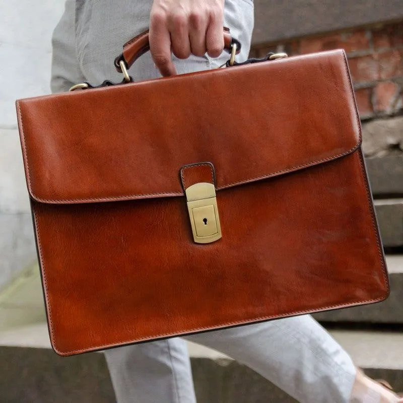 Full Grain Italian Leather Single Compartment Briefcase - Arthur