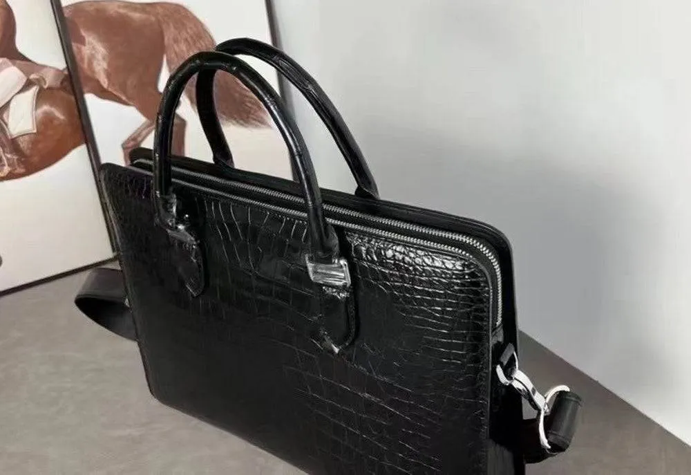 Genuine Crocodile Leather Laptop Briefcase Double Zipper With Password Lock Black