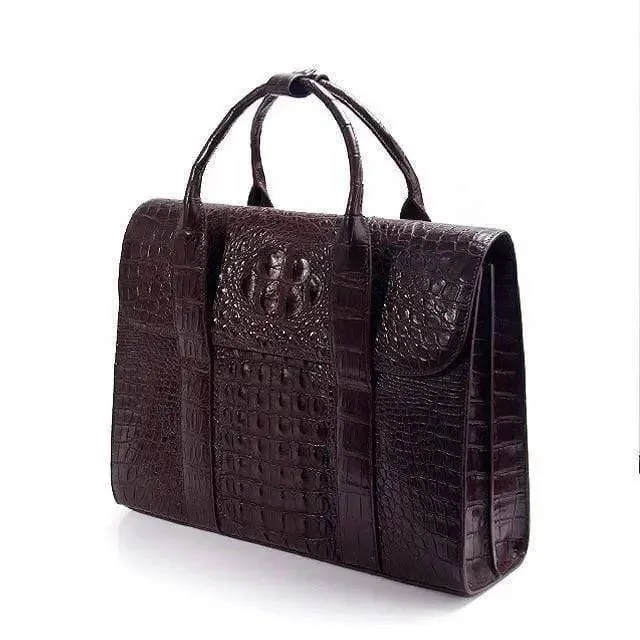 Genuine Crocodile Skin Leather Business Briefcase Bag With Fold over Flap