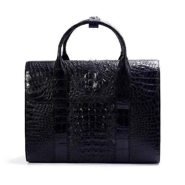 Genuine Crocodile Skin Leather Business Briefcase Bag With Fold over Flap