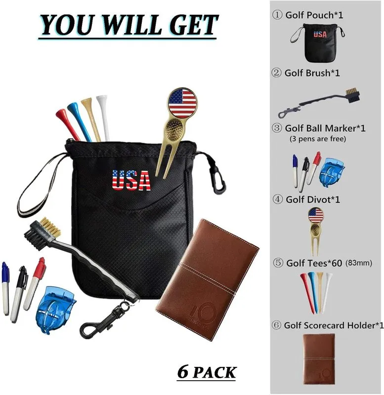 Golf Pouch Bag with 10 Pcs Wooden Golf Tees Gift Set