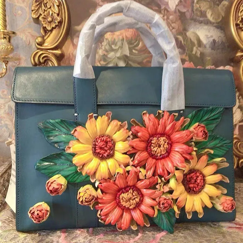 Handmade Casual Vintage Sunflower Flower Clusters Leather Handbag for Women