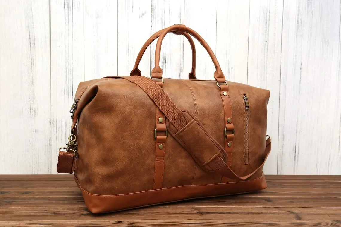 Handmade Men’s Vegan Leather Duffle Bag Travel Bag Personalized Unisex Weekender Bag