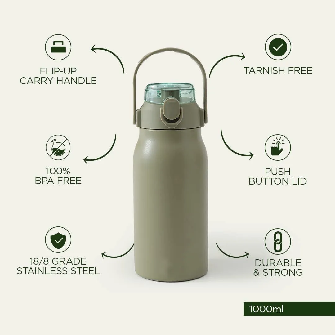 Homestic Insulated Stainless Steel Bottle 1 Litre with Sipper Lid-Double Wall | Leak Proof |Rust Proof|Keeps Drinks Hot/Cold for 6-12 Hours|Flip Up Handle|Easy to Carry (Pack of 40, Green)