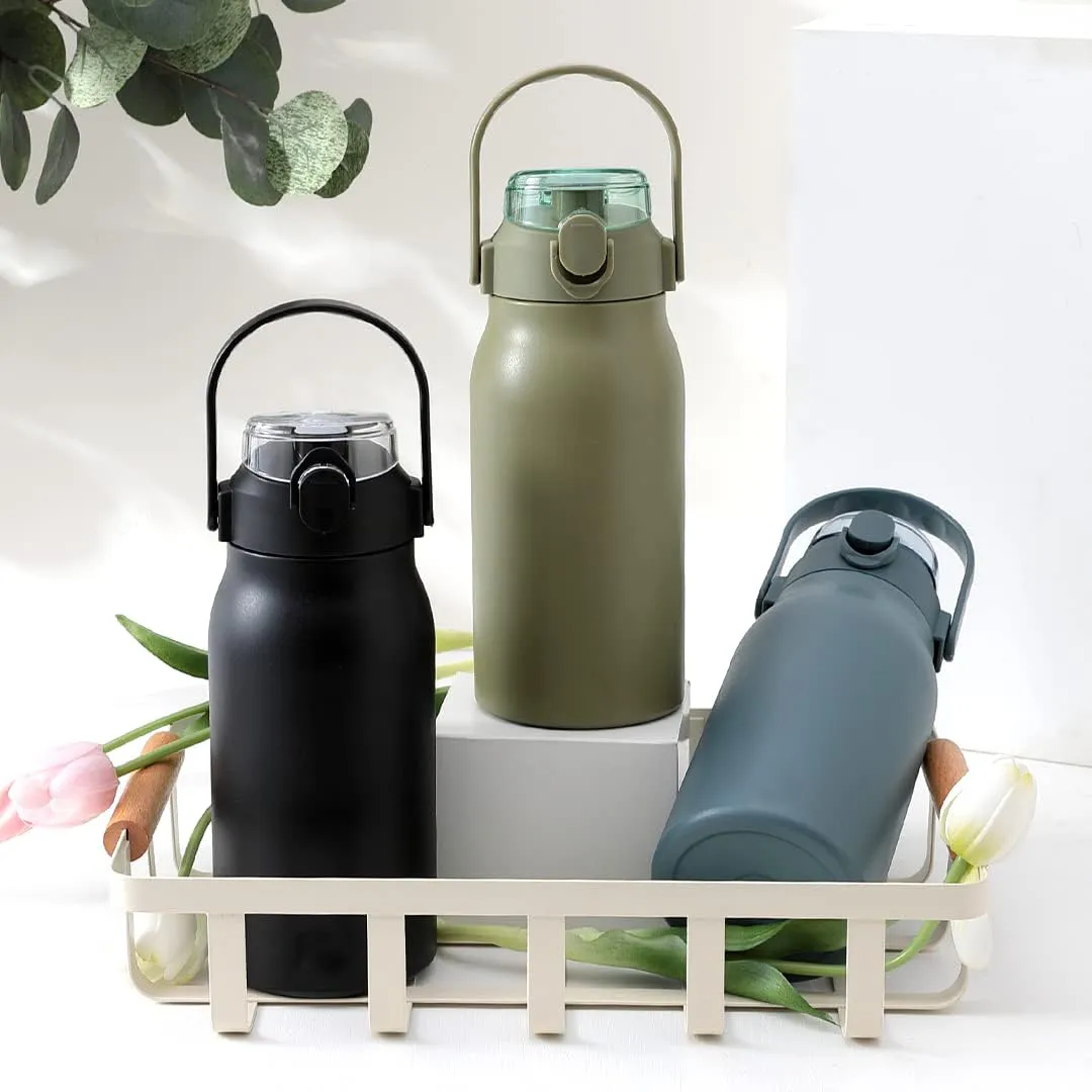 Homestic Insulated Stainless Steel Bottle 1 Litre with Sipper Lid-Double Wall | Leak Proof |Rust Proof|Keeps Drinks Hot/Cold for 6-12 Hours|Flip Up Handle|Easy to Carry (Pack of 40, Green)