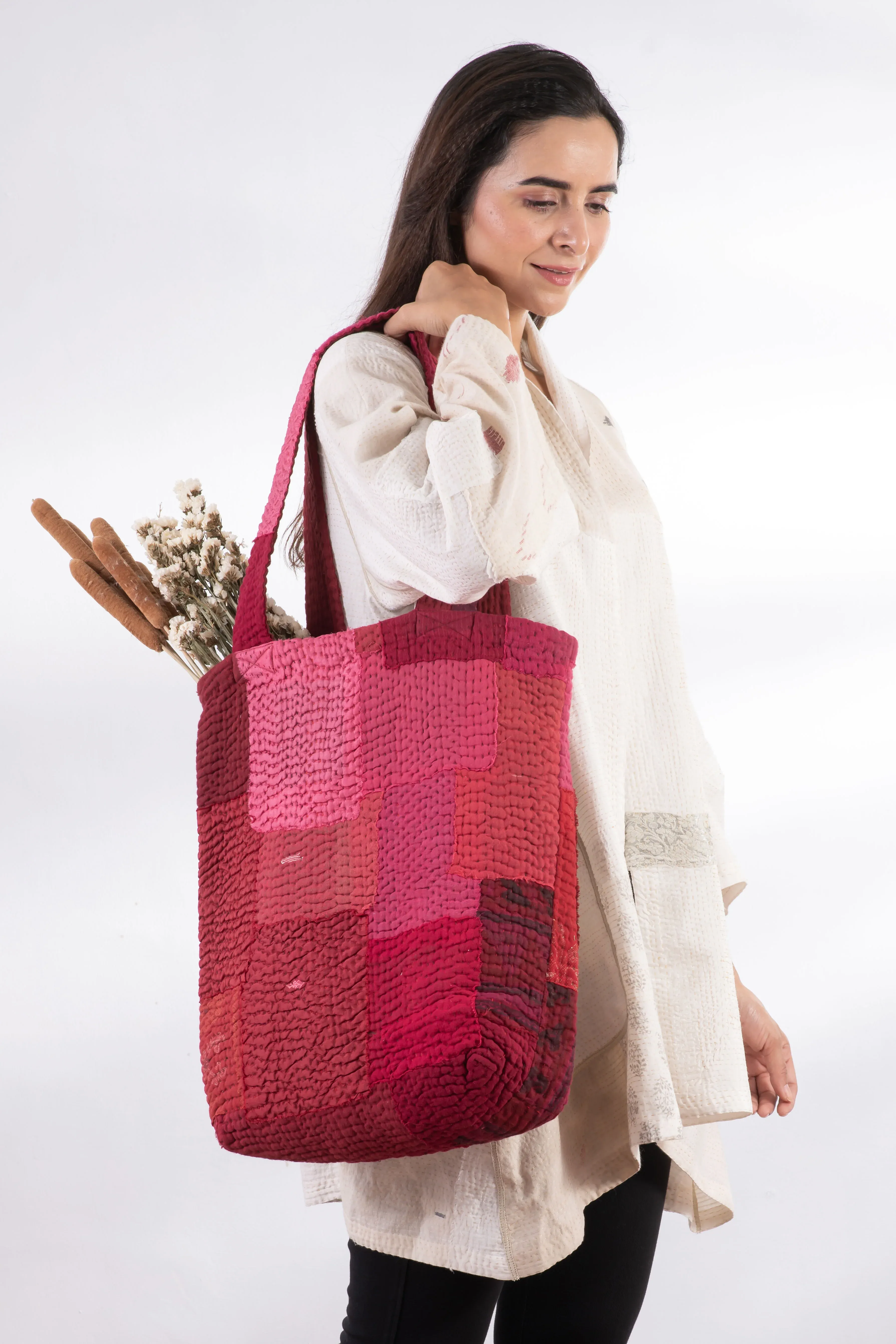 Landscape Handmade Vintage Kantha Tote Bag -Red -