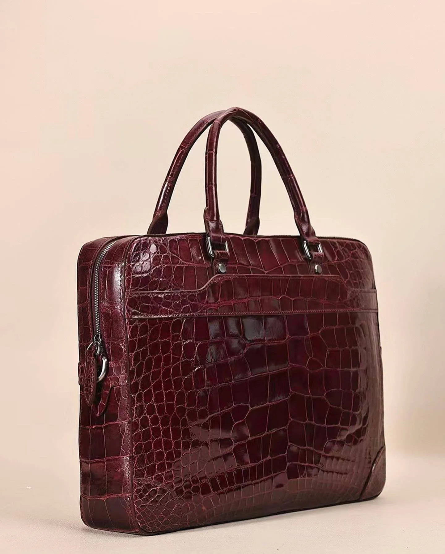 Men Genuine Crocodile Leather  Briefcase Wine Red