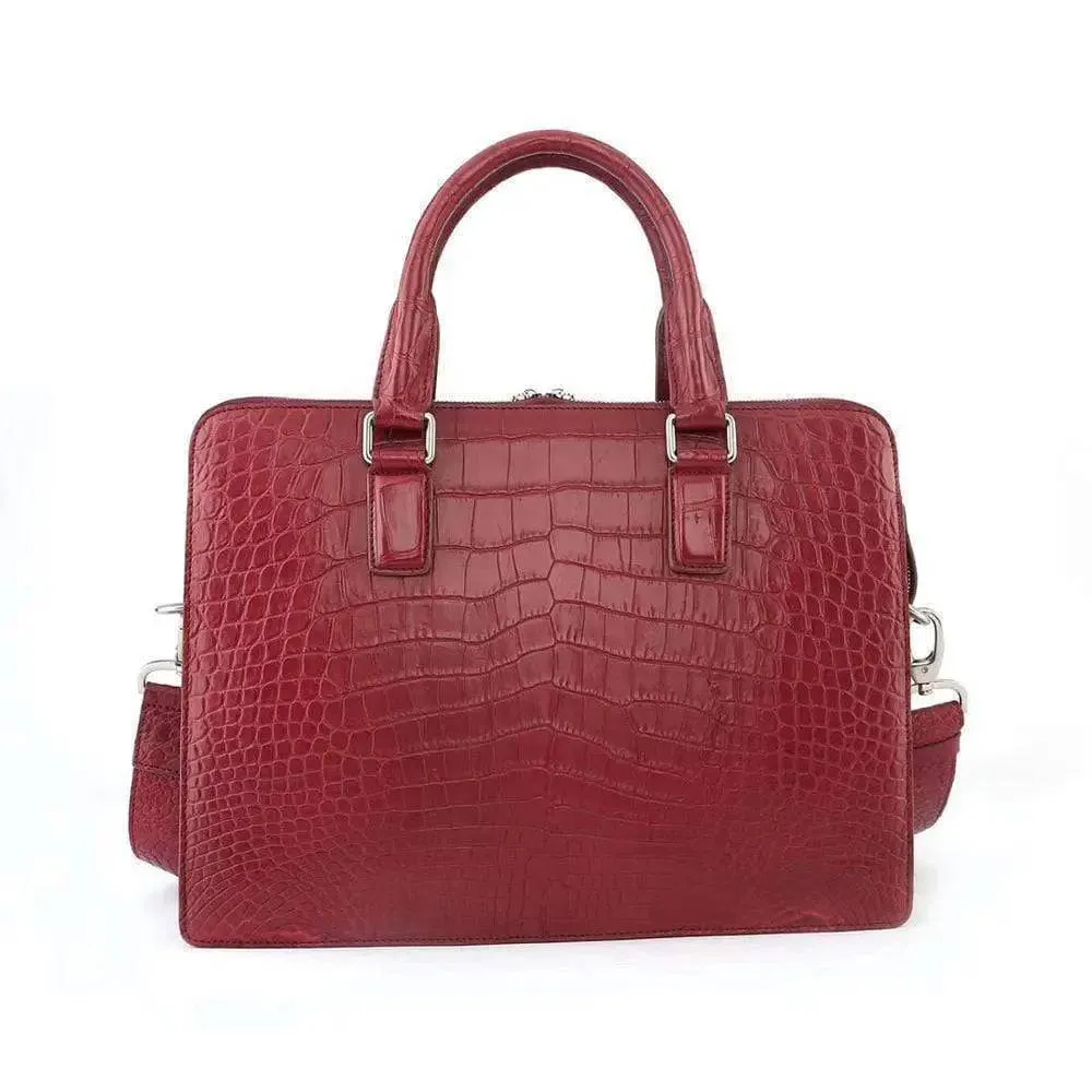 Men's Crocodile  Leather Briefcase with Front Zip Pocket Red