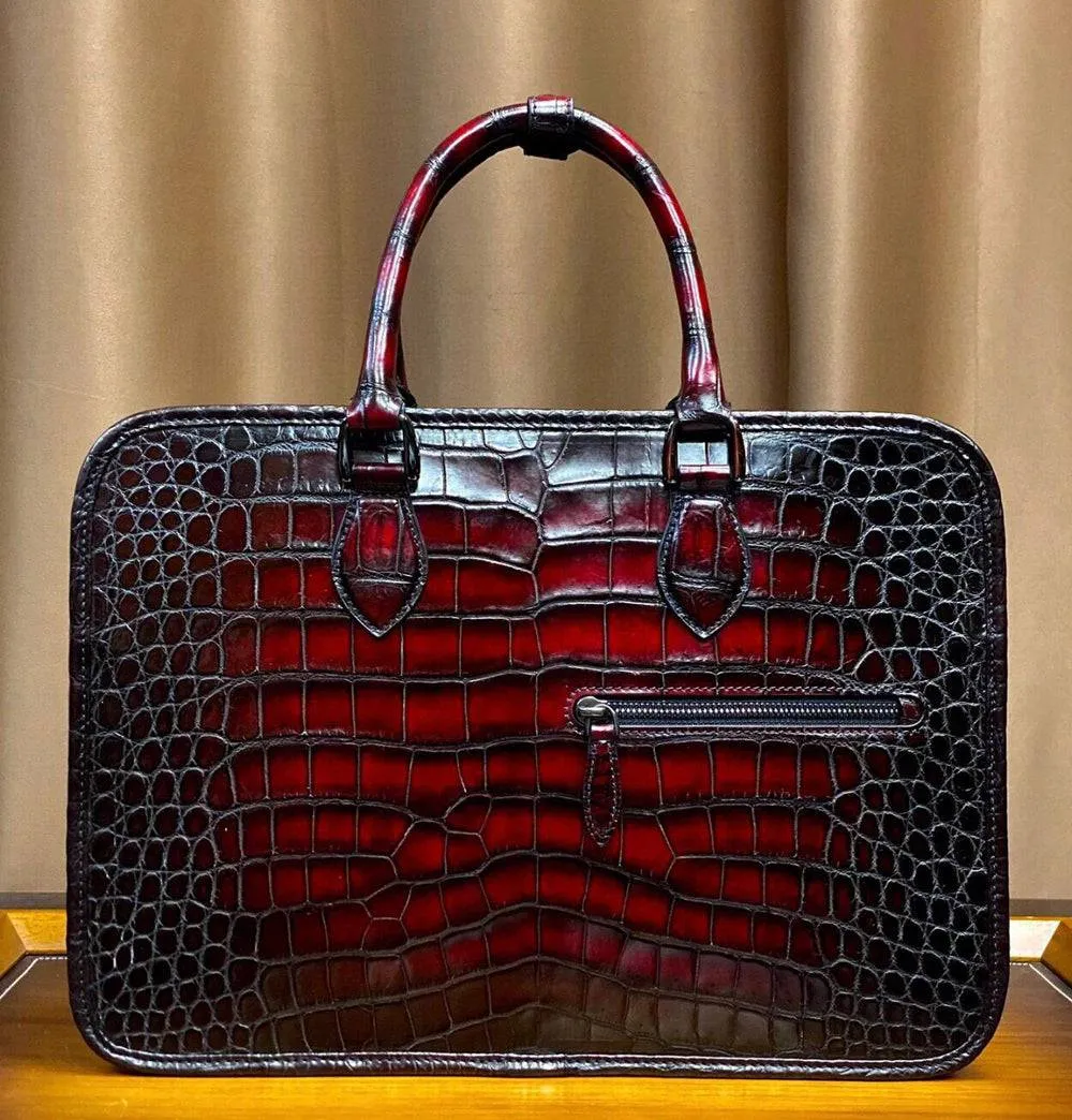 Men's Vintage Crocodile Leather Briefcase With Zip Front