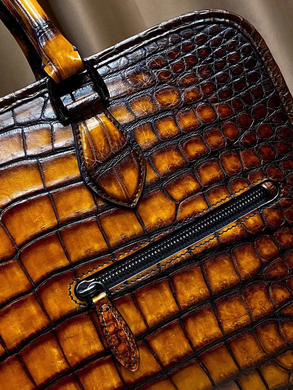 Men's Vintage Crocodile Leather Briefcase With Zip Front