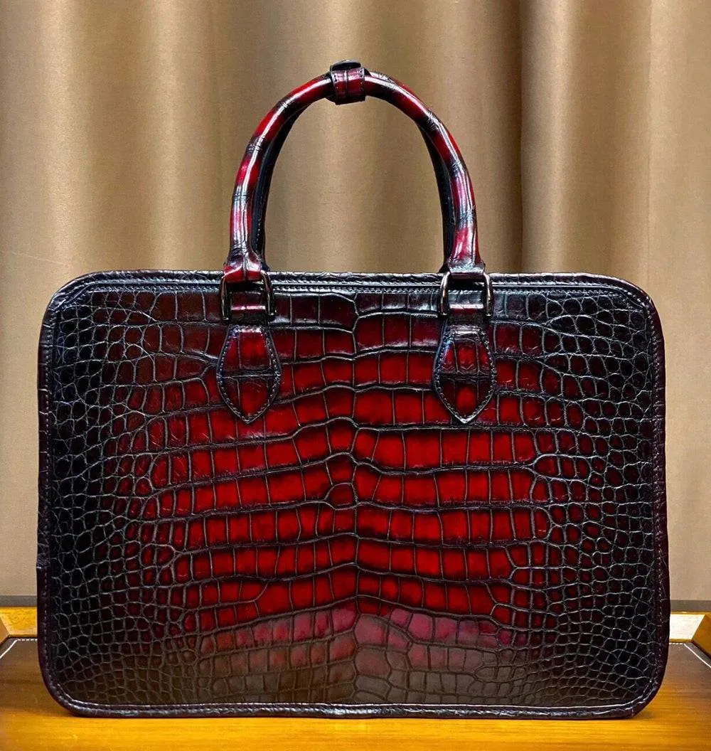 Men's Vintage Crocodile Leather Briefcase With Zip Front