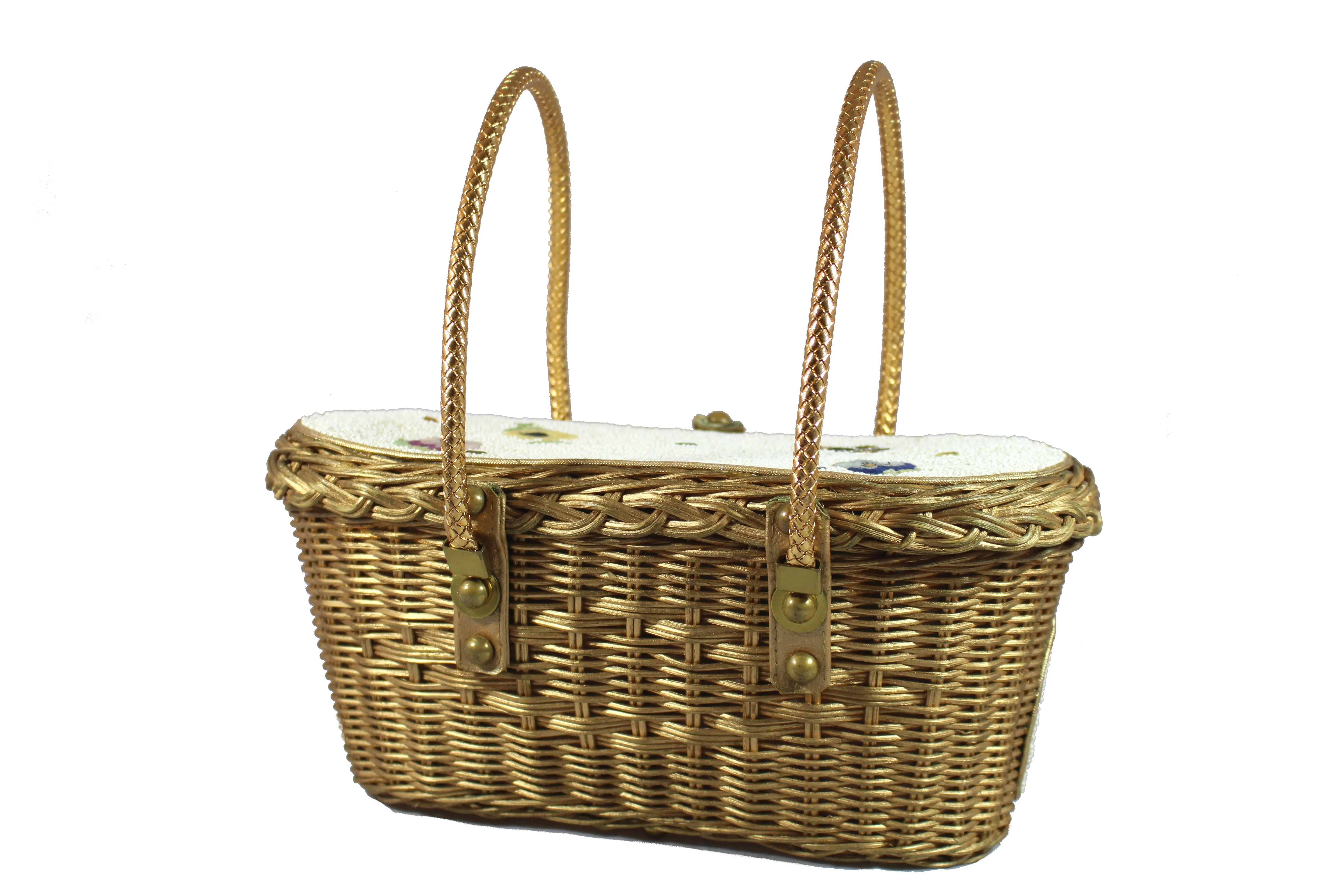 MIDAS OF MIAMI gold wicker and white beads bag