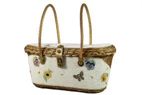 MIDAS OF MIAMI gold wicker and white beads bag