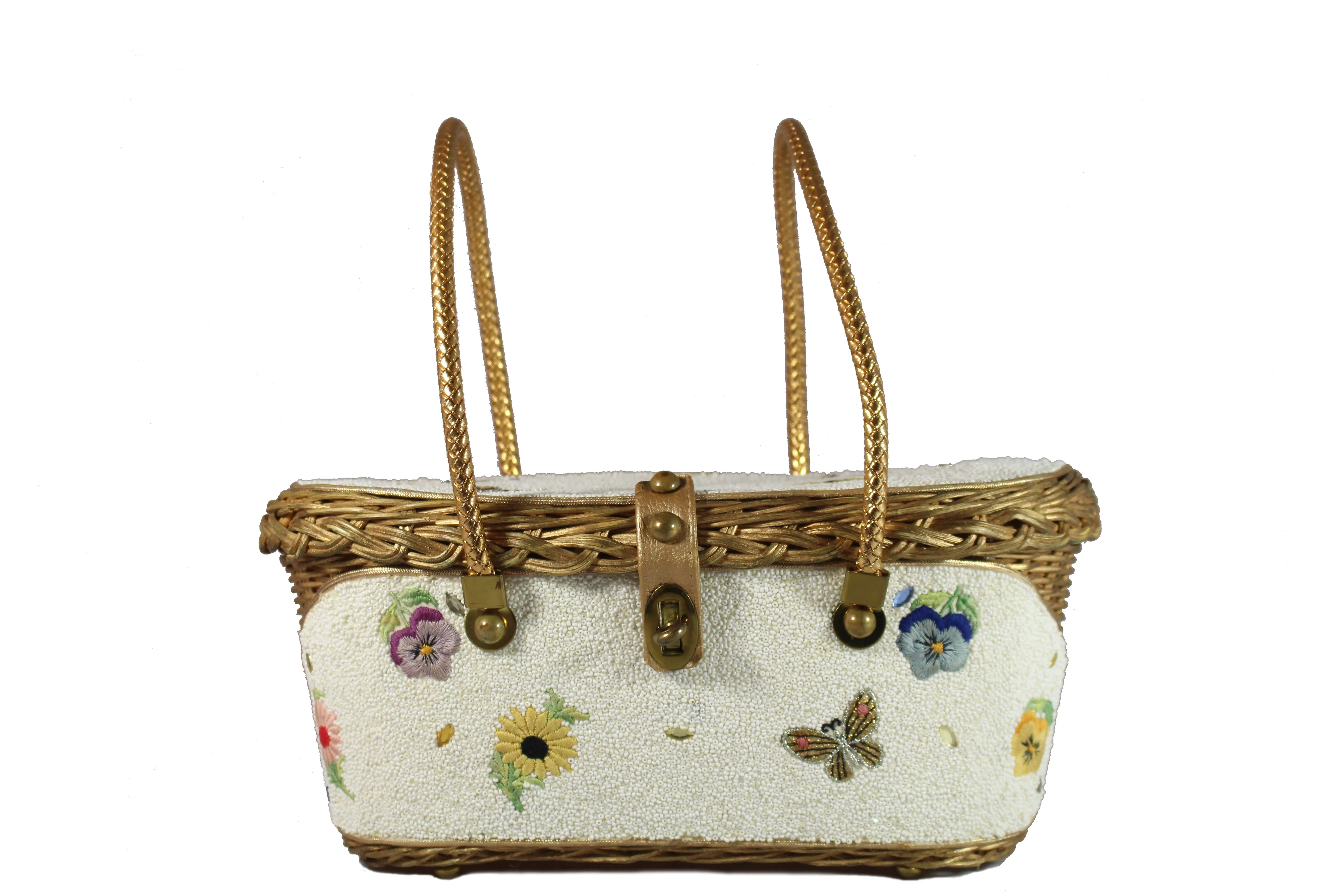 MIDAS OF MIAMI gold wicker and white beads bag