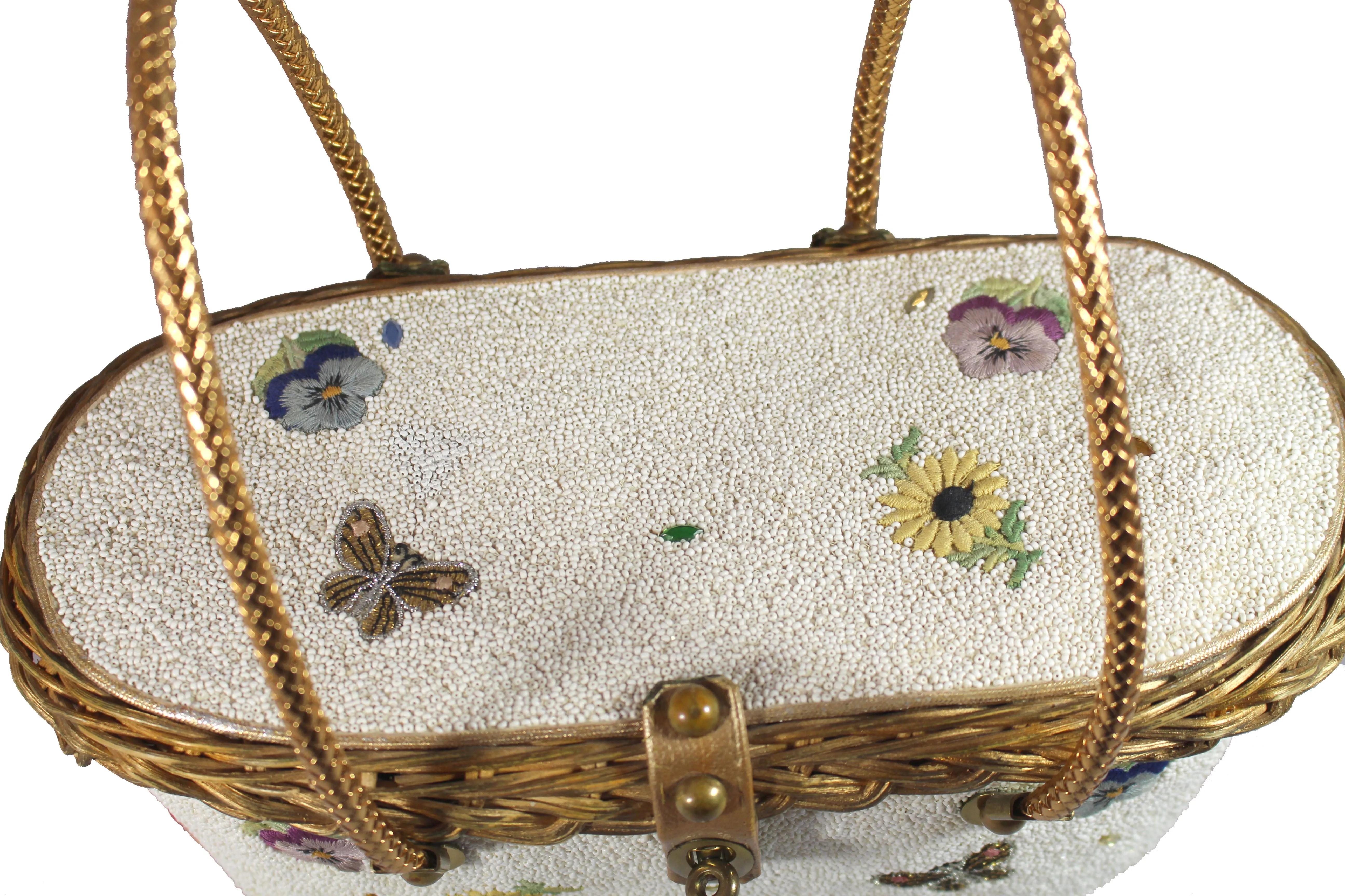 MIDAS OF MIAMI gold wicker and white beads bag