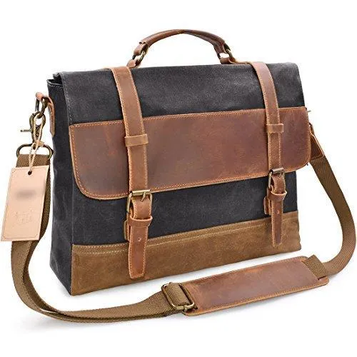 NWFashion™ Vintage Waxed Canvas/Leather 15.6" Laptop Crossbody Messenger Briefcase