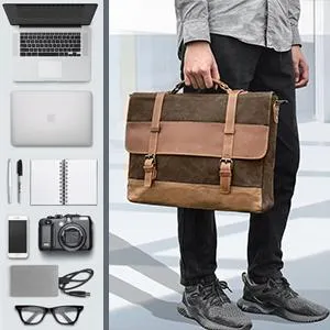 NWFashion™ Vintage Waxed Canvas/Leather 15.6" Laptop Crossbody Messenger Briefcase