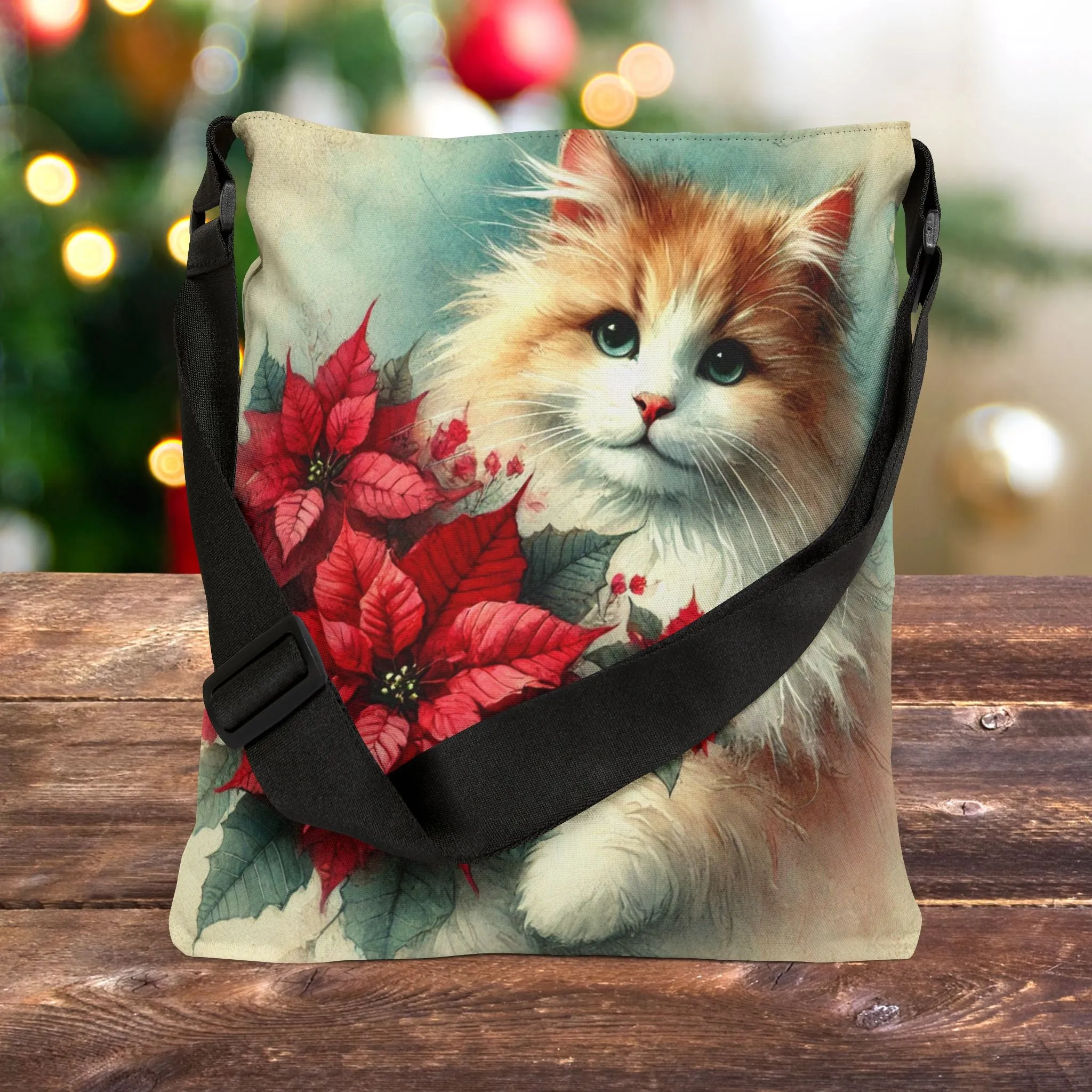 Poinsettia Bouquet - Cat Lover - Adjustable Strap Tote Bag