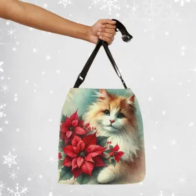 Poinsettia Bouquet - Cat Lover - Adjustable Strap Tote Bag