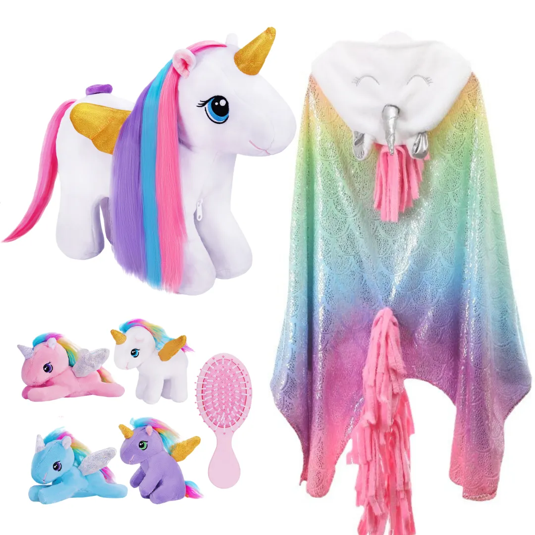 Rainbow Hair Plush Unicorn Mommy with 4 Babies Stuffed Animal Rapunzelcorn