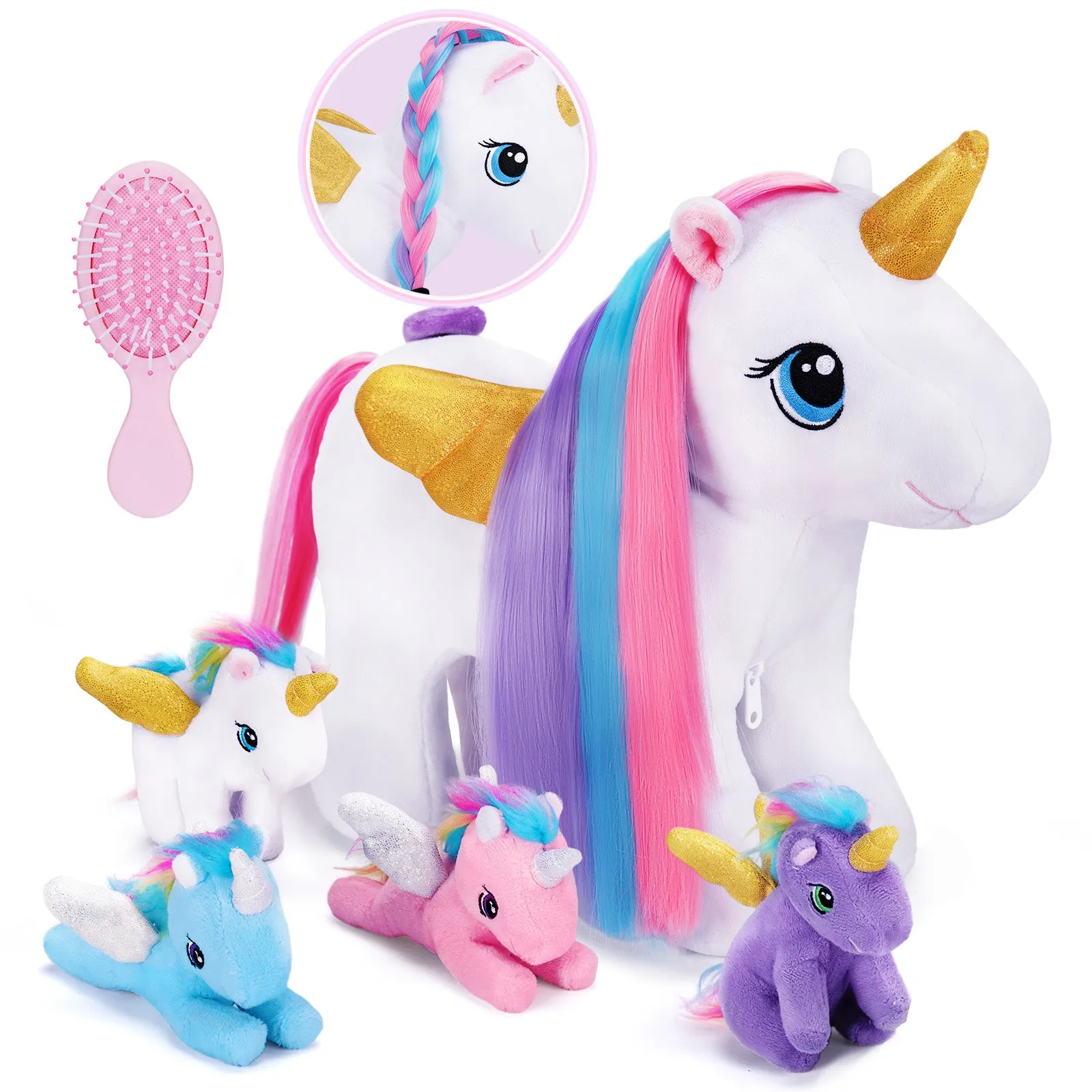 Rainbow Hair Plush Unicorn Mommy with 4 Babies Stuffed Animal Rapunzelcorn