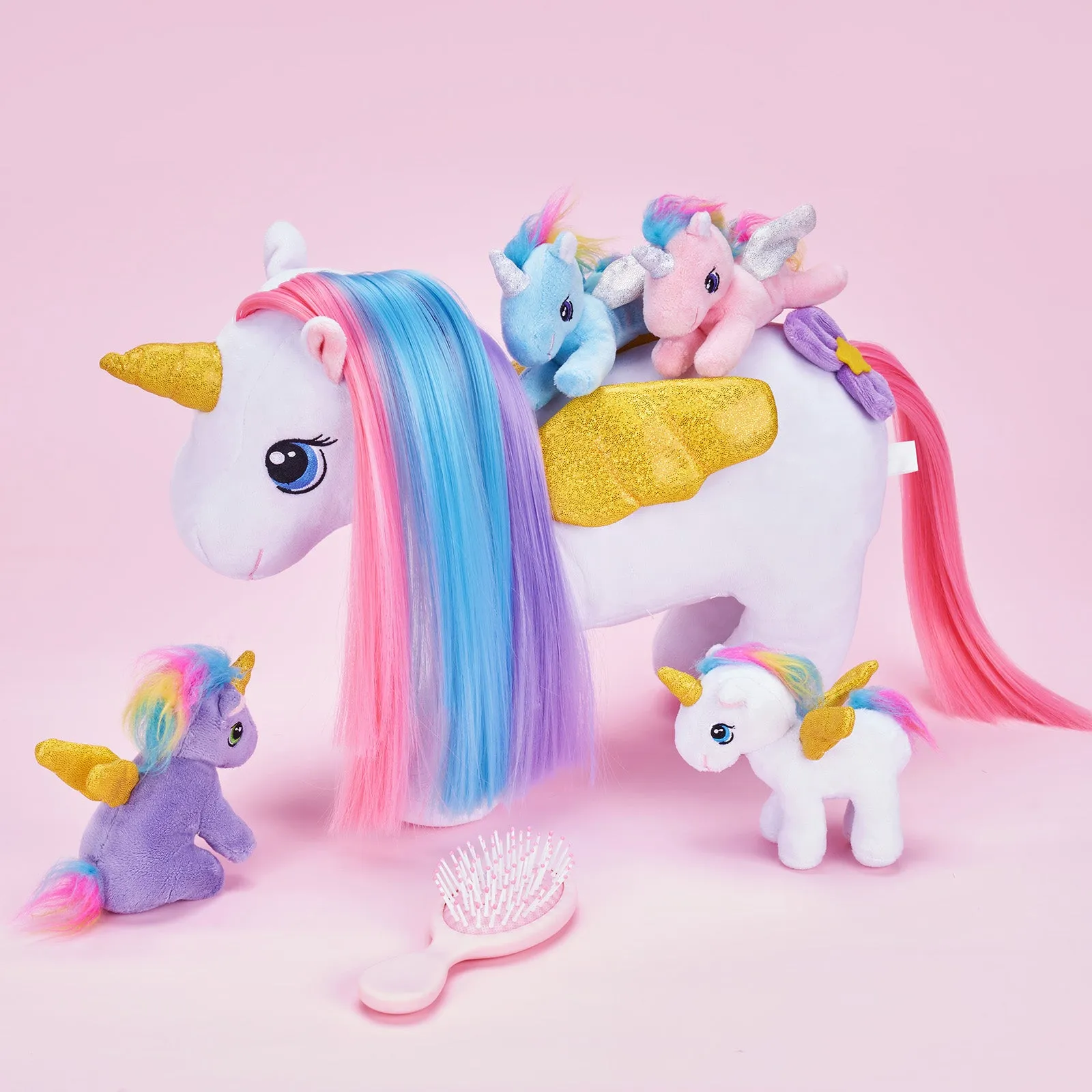 Rainbow Hair Plush Unicorn Mommy with 4 Babies Stuffed Animal Rapunzelcorn