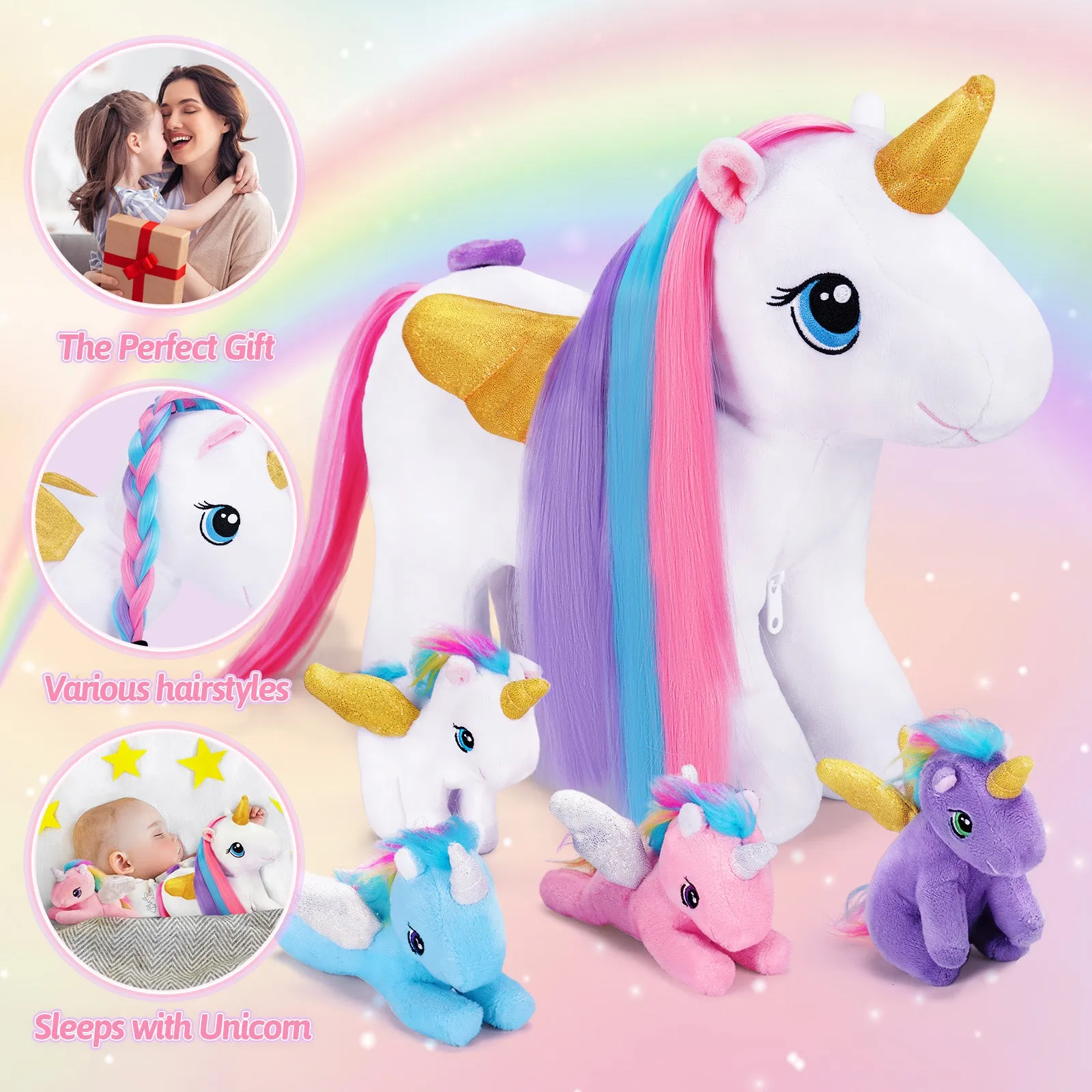 Rainbow Hair Plush Unicorn Mommy with 4 Babies Stuffed Animal Rapunzelcorn