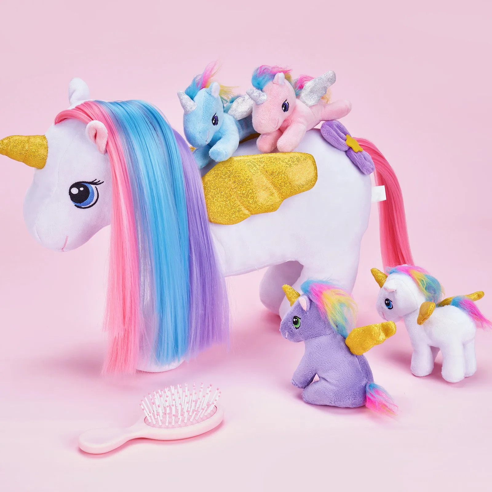 Rainbow Hair Plush Unicorn Mommy with 4 Babies Stuffed Animal Rapunzelcorn