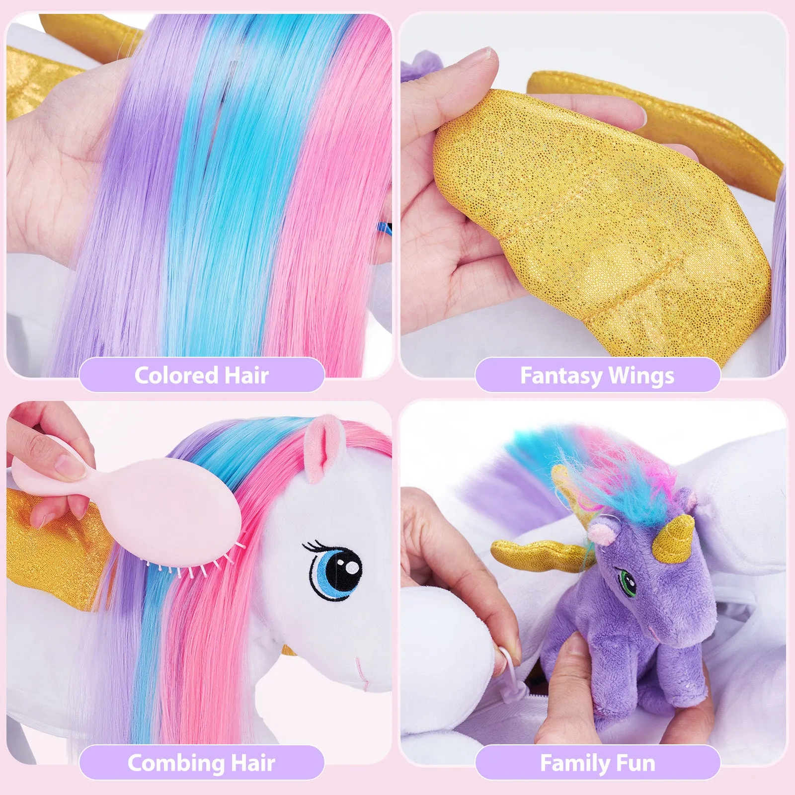 Rainbow Hair Plush Unicorn Mommy with 4 Babies Stuffed Animal Rapunzelcorn